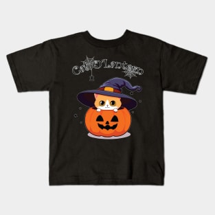 Cat with witch hat in Halloween Jack-O-Lantern or Jack-O’Lantern Kids T-Shirt